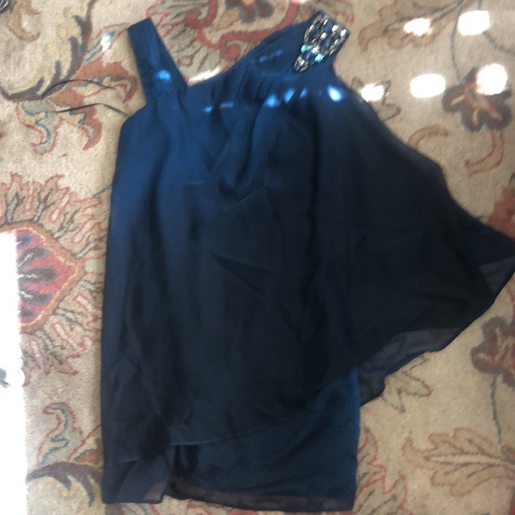 R&M Richards teal to black ombré asym top cocktail dress. Satin&chiffon overlay - Picture 4 of 9